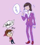  ?? age_difference bad_id bad_twitter_id baseball_cap brown_hair buck_teeth english facial_hair formal hat height_difference iyami male_focus multiple_boys mustache osomatsu-kun osomatsu-san pointing pointing_at_self purple_background purple_suit shirt simple_background suit t-shirt the_fairly_oddparents timmy_turner trait_connection 
