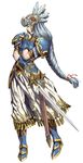  arm_guards blue_armor boots braid breastplate from_side full_body half-closed_eyes helmet highres holding holding_helmet holding_sword holding_weapon lenneth_valkyrie long_braid long_hair official_art scabbard sheath shoulder_pads silver_hair single_braid skirt solo sword tiara unsheathed valkyrie_profile very_long_hair weapon white_background white_feathers white_skirt yoshinari_kou yoshinari_you 