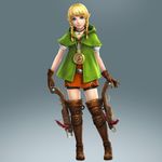  3d bangs bike_shorts blonde_hair blue_eyes boots bow_(weapon) braid brown_footwear brown_legwear capelet choker compass crossbow dual_wielding gloves green_capelet highres holding hood jewelry leather leather_boots leather_gloves linkle long_hair looking_at_viewer necklace official_art pointy_ears shorts shorts_under_skirt sidelocks smile solo the_legend_of_zelda thigh_boots thighhighs twin_braids weapon zelda_musou 