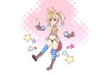 absurdres animal_ears blonde_hair blush_stickers bokushi boots dog_ears elin_(tera) fang full_body gloves highres long_hair navel no_pants open_mouth outstretched_arms panties purple_eyes sleeveless smile solo standing standing_on_one_leg star striped striped_legwear tail tera_online thighhighs transparent_background twintails underwear vest 