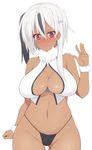  absol black_hair blush breasts dark_skin gen_3_pokemon highres large_breasts long_hair multicolored_hair natsuki_straight navel open_mouth personification pokemon red_eyes side_ponytail simple_background solo tail white_background white_hair 