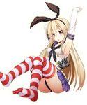  armpits arms_up ass black_panties blonde_hair blush crop_top elbow_gloves feet gloves grey_eyes hair_ornament hair_ribbon highleg highleg_panties highres kantai_collection long_hair looking_at_viewer navel open_mouth panties ribbon shimakaze_(kantai_collection) sitting skirt soles solo striped striped_legwear thighhighs underwear wakagi_repa white_gloves 