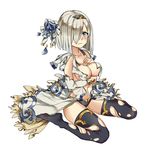  alternate_costume black_legwear black_panties blue_eyes breasts detached_sleeves dress flower frown full_body hair_flower hair_ornament hair_over_one_eye hairband hamakaze_(kantai_collection) kantai_collection large_breasts long_sleeves luicent panties short_hair silver_hair simple_background sitting solo thighhighs torn_clothes underwear wariza white_background 