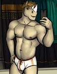  abs adharc bathroom bgn biceps blonde_hair bulge clothing green_eyes grey_skin hair male mammal muscular pecs phone pose rhinoceros selfie smile solo towel underwear 