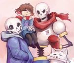  :3 androgynous annoying_dog armor artist_name black_sclera bone brown_hair closed_eyes dog frisk_(undertale) gloves grin hand_in_pocket heart hood hoodie looking_at_viewer mouth_hold multiple_boys open_mouth papyrus_(undertale) red_gloves red_scarf sans scarf shorts sitting_on_arm skeleton smile striped striped_sweater sweater undertale yowamushi-chan_(choctopi) 