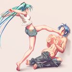  &gt;_&lt; 1girl abs angry aqua_hair armpit_peek barefoot blue_hair blush breasts clenched_hands clenched_teeth closed_eyes commentary denim denim_shorts feet fingernails foot_on_face foot_smother full_body hands_up hatsune_miku jeans kaito kicking kneepits long_hair midriff nail_polish outstretched_arms pants pants_down profile shirtless short_hair shorts simple_background small_breasts soles teeth toenail_polish toenails toes twintails very_long_hair vocaloid wokada 