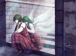  armband ascot boots brown_footwear collared_shirt colored_eyelashes commentary_request crying crying_with_eyes_open dissolving dual_persona from_side green_eyes green_hair green_wings hair_over_one_eye hand_on_another's_back hand_on_own_face highres hips kazami_yuuka kazami_yuuka_(pc-98) kikimifukuri knee_boots light_particles light_smile long_hair long_skirt long_sleeves multiple_girls multiple_wings pants plaid plaid_pants plaid_skirt plaid_vest red_eyes sad shirt short_hair sitting skirt stairs stone_stairs stone_wall streaming_tears tears touhou touhou_(pc-98) very_long_hair vest wall wings 