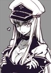  akame_ga_kill! breasts c.c. cleavage code_geass cosplay creayus crossed_arms esdeath esdeath_(cosplay) grey_background hat heart long_hair looking_at_viewer medium_breasts military military_hat monochrome simple_background smile solo trait_connection 