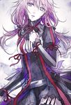  blue_eyes breasts guilty_crown hair_ornament hairclip hand_on_own_chest long_hair looking_at_viewer medium_breasts open_mouth pink_hair solo twintails yoma yuzuriha_inori 