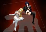  beatrix_bremer bikini_top black_footwear black_hair black_legwear blonde_hair blue_eyes boots breasts cleavage elbow_gloves full_body gloves gradient gradient_background hairband high_heels highleg highleg_panties irisdina_bernhard large_breasts lying multiple_girls muvluv panties red_eyes schwarzesmarken spread_legs takuden thigh_boots thighhighs thighs underwear white_footwear white_legwear 