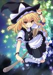  apron black_dress blonde_hair bow bracelet braid broom broom_riding cross_(crossryou) dress grin hat hat_bow jewelry kirisame_marisa long_hair mary_janes puffy_short_sleeves puffy_sleeves shirt shoes short_sleeves single_braid smile solo star touhou waist_apron white_bow witch_hat yellow_eyes 