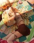  blonde_hair book book_stack bow candy cat_pillow catcan closed_eyes cookie cup digital_media_player food hair_bow hair_ribbon highres ipod lollipop long_hair lying midriff navel on_side pillow pleated_skirt ribbon rug shade skirt sleeping solo thighhighs white_legwear wrapped_candy zettai_ryouiki 