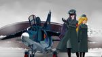  adjusting_clothes adjusting_gloves aircraft airplane beatrix_bremer black_gloves black_legwear blonde_hair blue_eyes bow coat gloves hair_bow hat highres jet liz_hohenstein long_hair looking_at_viewer mig-23 military military_uniform mizuki_(mizuki_ame) multiple_girls muvluv pantyhose purple_hair red_eyes schwarzesmarken standing two_side_up uniform 