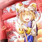  blonde_hair blush broom fangs fox_tail hat holding leaf long_sleeves looking_at_viewer maple_leaf multiple_tails open_mouth outdoors pillow_hat short_hair slit_pupils smile solo tail tamasan tassel torii touhou yakumo_ran 