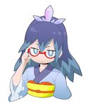  blue_eyes blue_hair frown fubukihime glasses high_ponytail japanese_clothes kimono long_hair looking_at_viewer multicolored_hair ookamiuo purple_hair red-framed_eyewear semi-rimless_eyewear simple_background solo two-tone_hair under-rim_eyewear upper_body white_background youkai youkai_watch 