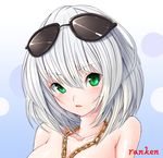  artist_name between_breasts blush breasts chain_necklace close-up collarbone eyewear_on_head gradient gradient_background green_eyes jewelry looking_at_viewer necklace original parted_lips ranken short_hair silver_hair simple_background solo sunglasses topless 