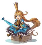  :d absurdly_long_hair armor armored_boots blonde_hair blue_eyes boots bug butterfly charlotta_fenia crown dress full_body gauntlets granblue_fantasy holding holding_sword holding_weapon insect long_hair open_mouth pointy_ears sitting smile solo srx61800 sword very_long_hair weapon white_background wooden_box 