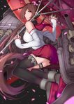  breasts brown_eyes brown_hair flower hair_ornament kantai_collection large_breasts long_hair machinery miniskirt oriental_umbrella ponytail saisarisu skirt solo umbrella yamato_(kantai_collection) 