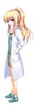  absurdres blonde_hair blue_eyes full_body hair_ornament hand_in_pocket highres kurayashiki_kazuha labcoat long_hair looking_at_viewer non-web_source open_mouth ponytail reminiscence reminiscence_re:collect shoes shorts smile sneakers solo tomose_shunsaku transparent_background 