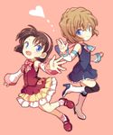  :d akiyoshi_(tama-pete) alternate_costume ascot bangs black_legwear blue_eyes blue_skirt blue_vest boots bow brown_hair buttons closed_mouth detached_sleeves frilled_skirt frills full_body haibara_ai hairband heart high_heel_boots high_heels looking_at_viewer mary_janes meitantei_conan multiple_girls open_mouth plaid plaid_bow plaid_collar red_footwear red_skirt red_vest shoes short_hair skirt skirt_set sleeveless smile socks thighhighs vest white_footwear white_legwear yoshida_ayumi 
