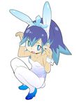  animal_ears aqua_eyes aqua_hair bare_shoulders bunny_ears bunny_tail bunnysuit from_above fubukihime full_body high_heels high_ponytail long_hair looking_at_viewer multicolored_hair ookamiuo open_mouth pantyhose purple_hair simple_background solo squatting tail two-tone_hair white_background white_legwear wrist_cuffs youkai youkai_watch 