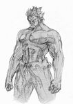  1boy abs bengus gouki greyscale male_focus monochrome muscle shirtless solo spiked_hair street_fighter 