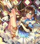  bad_id bad_pixiv_id bangs blue_bow blue_flower blue_nails blue_ribbon blush bow breasts brown_hair buttons choker detached_sleeves earrings flower frills hair_bow hair_flower hair_ornament jewelry katsu_ryouji kneehighs lace-up_legwear legs_up long_hair looking_at_viewer nail_polish original puffy_sleeves ribbon ribbon-trimmed_legwear ribbon_trim small_breasts solo swept_bangs thighlet very_long_hair wrist_cuffs 