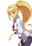  big_hair blonde_hair from_side guchico gundam gundam_tekketsu_no_orphans kudelia_aina_bernstein leaning_forward long_hair long_sleeves looking_at_viewer open_mouth pointing ponytail purple_eyes shirt simple_background solo very_long_hair white_background white_shirt 