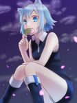  403_(artist) animal_ears blue_eyes blue_hair boots cat_ears eating food looking_at_viewer nanami_ao night outdoors panties pantyshot pantyshot_(sitting) petals sakura_mochi sitting solo underwear wagashi yozakura_quartet 