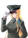  blonde_hair blue_eyes blush breasts east_german gloves hand_on_headwear highres irisdina_bernhard jewelry large_breasts long_hair looking_at_viewer military military_uniform mizuki_(mizuki_ame) muvluv necklace necktie schwarzesmarken smile solo uniform very_long_hair white_gloves 