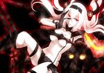  air_defense_hime ayasato_karen bangs black_gloves breasts crossed_bangs gloves hand_on_own_face headband headgear highres kantai_collection long_hair looking_at_viewer machinery medium_breasts parted_lips red_eyes shinkaisei-kan smile solo turret white_hair white_skin 