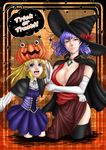  adapted_costume alternate_costume autumn_leaves bad_id bad_pixiv_id black_legwear blonde_hair blue_eyes border breasts cape capelet cleavage corset crossed_arms detached_sleeves dress hair_ribbon half-closed_eyes halloween hat head_tilt highres hips large_breasts lips long_hair looking_at_viewer maroon_dress mirror moriya_suwako mudix2 multiple_girls nose open_mouth outside_border parted_lips plaid plaid_background pumpkin_hat purple_dress purple_hair red_dress red_eyes ribbon shadow short_dress short_hair side_slit smile star thighhighs tongue touhou trick_or_treat wading wide_sleeves witch_hat yasaka_kanako 