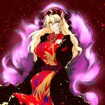  animal_print aura bangs black_dress blonde_hair breasts chinese_clothes dress energy fox_tail full_body hat junko_(touhou) karakure_(kamo-nanban) large_breasts light_particles lips long_hair looking_at_viewer multiple_tails red_eyes ribbon sash smile solo tabard tail touhou very_long_hair 