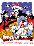  2015 2girls animal_ears artist_name bat blonde_hair breasts cape cleavage collar copyright_name cyclops extra_arms fake_animal_ears fangs gloves halloween halloween_costume happy_halloween hat hitomi_sensei_no_hokenshitsu kaminaga_otome large_breasts long_hair manaka_hitomi multiple_girls one-eyed one_eye_closed paw_gloves paws pointy_ears prehensile_hair red_eyes shake-o smile tatara_kenshiro vampire very_long_hair witch_hat wolf_ears wolf_paws 
