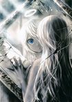  absurdres blue_eyes grey_hair highres kei_(keigarou) long_hair mirror non-web_source open_mouth solo wings 