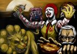  character_request colonel_sanders commentary_request food fried_chicken glasses hamburger horror_(theme) kfc mcdonald's mister_donut multiple_boys open_mouth pon_de_lion realistic red_hair ronald_mcdonald shinpei_(paypay) what white_hair 