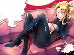  bad_id bad_pixiv_id blonde_hair bodysuit breasts cleavage couch grey_eyes hair_bun hair_ornament hair_stick hands_clasped high_heels interlocked_fingers large_breasts legs long_hair looking_at_viewer lying nagashiro_rouge nancy_lee ninja_slayer on_back own_hands_together rope smile solo splatter 