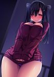  black_hair blush breasts cleavage cleavage_cutout clothes_tug covered_nipples cowboy_shot dutch_angle from_below hair_ornament hairclip heart heart-shaped_pupils highres large_breasts long_hair looking_down meme_attire mole mole_under_eye open-chest_sweater original panties purple_eyes purple_panties pussy_juice ribbed_sweater satou_kuuki sleeves_past_wrists smile solo sweat sweater sweater_tug symbol-shaped_pupils tareme thighs twintails underwear wet wet_clothes wet_panties wide_hips 