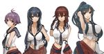  agano_(kantai_collection) ahoge alternate_eye_color anchor_symbol arm_up armpits bangs bare_shoulders belt black_hair braid breasts brown_hair gloves green_eyes hair_between_eyes hand_in_hair high_ponytail kantai_collection large_breasts long_hair looking_at_viewer looking_to_the_side midriff multiple_girls navel necktie noshiro_(kantai_collection) open_mouth pleated_skirt ponytail pupps purple_eyes purple_hair red_eyes red_skirt sakawa_(kantai_collection) school_uniform scrunchie serafuku short_hair simple_background skirt small_breasts smile swept_bangs uniform v_arms white_background white_gloves yahagi_(kantai_collection) 