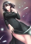  aqua_eyes arm_at_side black_dress black_hair breasts dress dutch_angle from_below fubuki_(one-punch_man) jewelry large_breasts long_sleeves looking_at_viewer magic meto31 necklace one-punch_man parted_lips pearl_necklace short_hair side_slit smile solo taut_clothes 