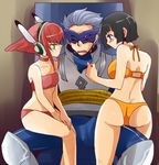  2girls ass bandeau barara_peol bdsm bikini black_hair blue_eyes blue_hair bondage bound choker femdom green_eyes gundam gundam_g_no_reconguista headphones luin_lee manny_ambassada mask mask_(gundam_g_no_reconguista) multiple_girls open_mouth orange_bikini pink_bikini pink_hair restrained robot_ears rope short_hair sitting sweatdrop swimsuit takanon_(nekomaruya) thigh_straddling 