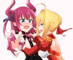  :d ahoge blonde_hair blue_eyes blush breasts elizabeth_bathory_(fate) elizabeth_bathory_(fate)_(all) epaulettes fang fate/extra fate/extra_ccc fate_(series) flat_chest green_eyes hair_ribbon horns long_hair medium_breasts moninora multiple_girls nero_claudius_(fate) nero_claudius_(fate)_(all) open_mouth pointy_ears purple_hair ribbon short_hair simple_background smile white_background yuri 