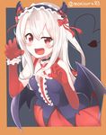  :d bat_wings blush choker claw_pose demon_tail elbow_gloves fake_horns fang fate/grand_order fate/stay_night fate_(series) gloves hair_ribbon halloween halloween_petite_devil_(fate/grand_order) illyasviel_von_einzbern long_hair looking_at_viewer moninora open_mouth red_eyes red_gloves ribbon smile solo tail twitter_username uneven_eyes white_hair wings 