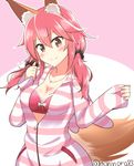 animal_ears blush breasts brown_eyes cleavage fate/extra fate_(series) fox_ears fox_tail jacket long_hair looking_at_viewer medium_breasts moninora simple_background smile solo striped tail tamamo_(fate)_(all) tamamo_no_mae_(fate) track_jacket twintails twitter_username white_background 