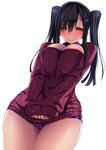  black_hair blush breasts cleavage cleavage_cutout clothes_tug covered_nipples cowboy_shot dutch_angle from_below hair_ornament hairclip heart heart-shaped_pupils highres large_breasts long_hair looking_down meme_attire mole mole_under_eye open-chest_sweater original panties purple_eyes purple_panties pussy_juice ribbed_sweater satou_kuuki simple_background sleeves_past_wrists smile solo sweat sweater sweater_tug symbol-shaped_pupils tareme thighs twintails underwear wet wet_clothes wet_panties white_background wide_hips 