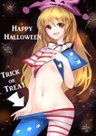  american_flag_dress american_flag_legwear bat blonde_hair clownpiece dress dress_lift english fang halloween happy_halloween hat jester_cap long_hair looking_at_viewer midriff navel no_panties open_mouth pantyhose pantyhose_pull pink_eyes rinaka_moruchi shirt short_sleeves smile solo star striped striped_dress striped_legwear text_focus touhou trick_or_treat 