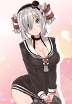  alternate_hairstyle amatsukaze_(kantai_collection) amatsukaze_(kantai_collection)_(cosplay) bad_anatomy blue_eyes blush breasts choker cleavage cosplay embarrassed garter_straps hair_over_one_eye hamakaze_(kantai_collection) kantai_collection large_breasts looking_at_viewer shiny shiny_skin short_hair silver_hair sin_(kami148) solo thighhighs twintails 
