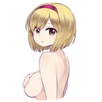  blonde_hair breasts brown_eyes chan_co covering covering_breasts djeeta_(granblue_fantasy) granblue_fantasy hairband large_breasts looking_at_viewer nude open_mouth pink_hairband short_hair simple_background solo upper_body white_background 