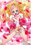  :o bare_legs blonde_hair bow chocokin cure_flora earrings eyebrows frills go!_princess_precure green_eyes haruno_haruka jewelry long_hair magical_girl multicolored_hair open_mouth petals pink_background pink_bow pink_hair pink_skirt precure skirt solo streaked_hair thick_eyebrows two-tone_hair 