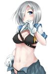  absurdres belt between_breasts black_panties blue_eyes blush bra breasts buckle cleavage covered_mouth covered_nipples gloves hair_ornament hair_over_one_eye hairclip hamakaze_(kantai_collection) highres kantai_collection medium_breasts midriff minami_machi navel open_clothes open_skirt panties ribbon school_uniform serafuku shirt_lift short_hair short_sleeves silver_hair skirt solo stomach transparent_background underwear upper_body white_gloves yellow_ribbon 